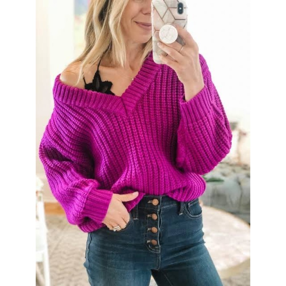 (CL) Topshop Womens Magenta Purple Chunky Knit V-Neck Cropped Sweater Size 12 L